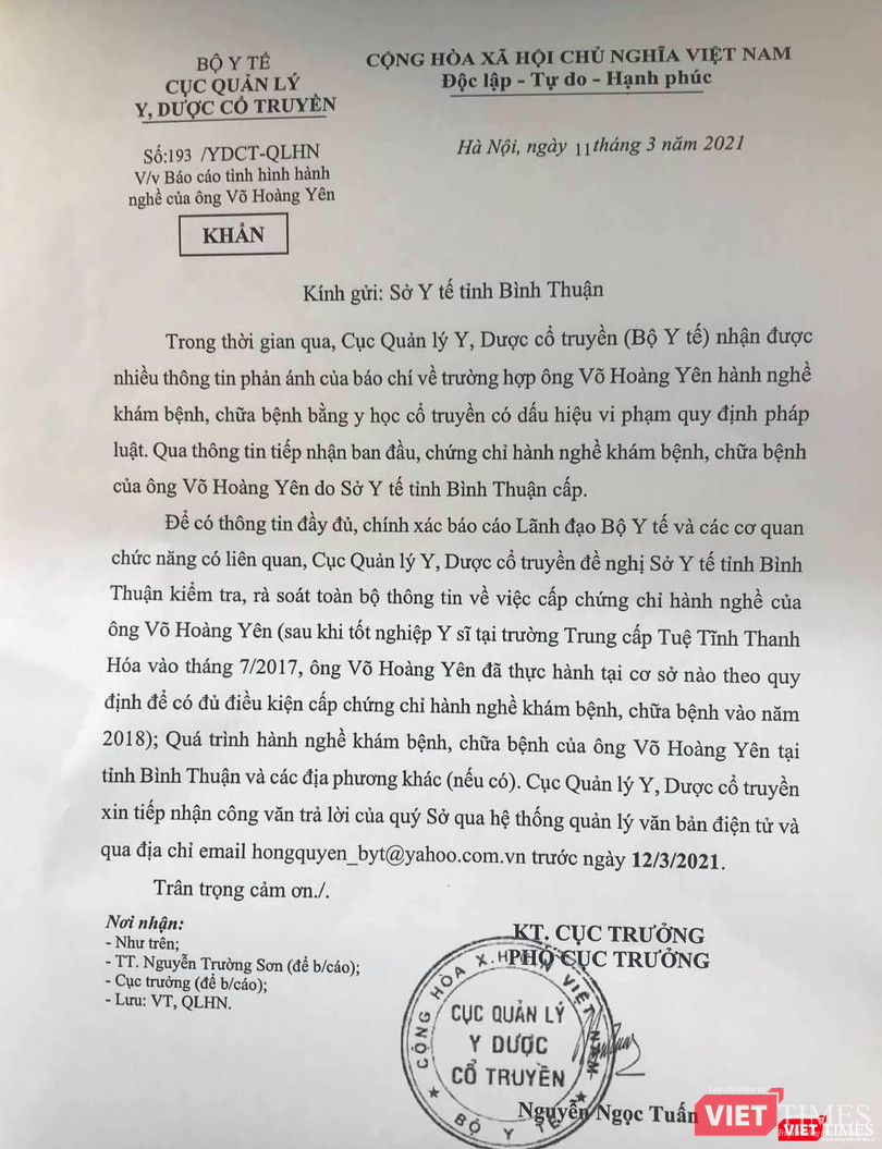 Công văn của Cục Quản lý Y, dược học cổ truyền