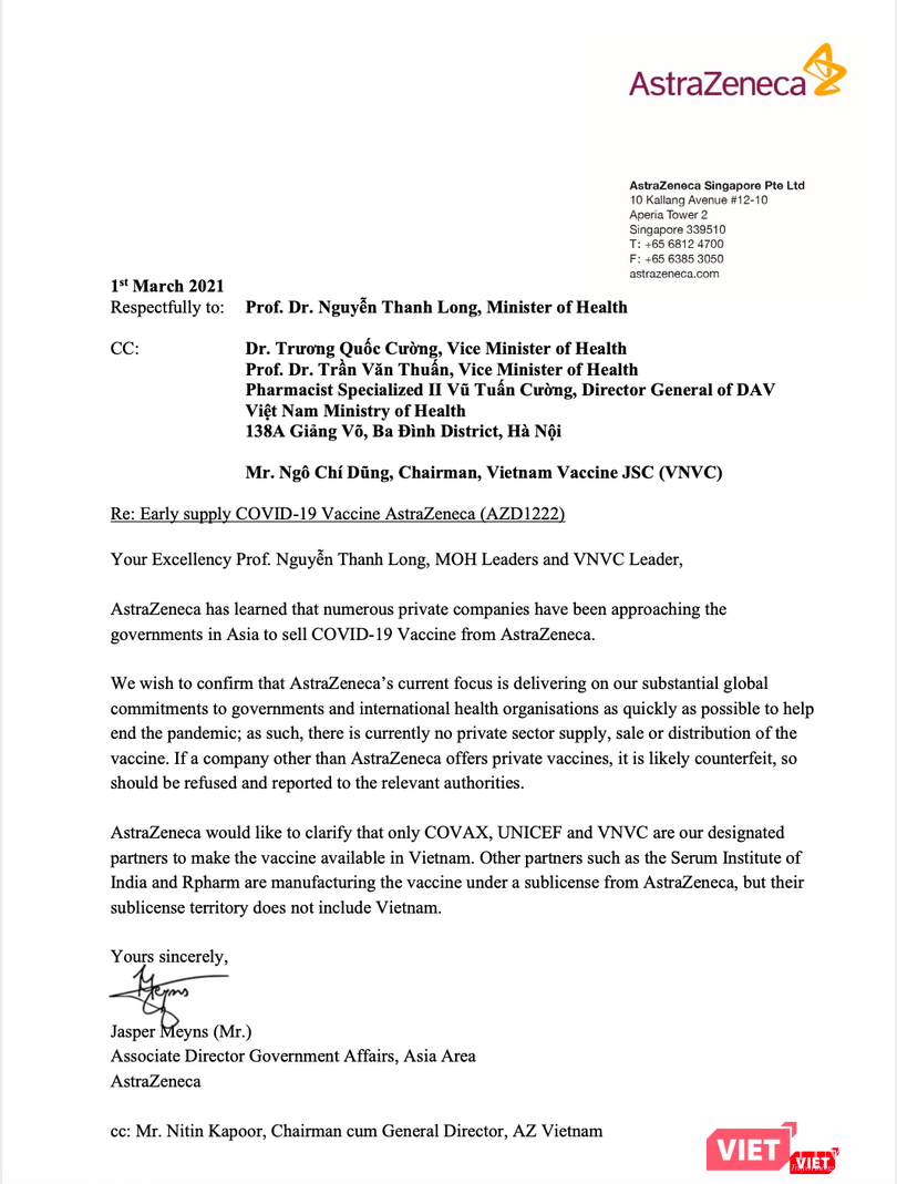 Thư của AstraZeneca gửi Bộ trưởng Y tế Nguyễn Thanh Long ngày 1/3/2021 khẳng định trước mắt chỉ giao hàng theo cam kết toàn cầu cho các chính phủ và các tổ chức y tế quốc tế; đồng thời khẳng định chỉ có Covax, Unicef, và VNVC là các đối tác được chỉ định đưa vaccine vào Việt Nam. Thư của AstraZeneca gửi Bộ trưởng Y tế Nguyễn Thanh Long ngày 1/3/2021 khẳng định trước mắt chỉ giao hàng theo cam kết toàn cầu cho các chính phủ và các tổ chức y tế quốc tế; đồng thời khẳng định chỉ có Covax, Unicef, và VNVC là các đối tác được chỉ định đưa vaccine vào Việt Nam.