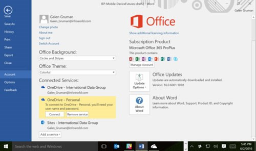 Chuyển đổi tài khoản Office 365 trong Office 2016 cho Windows từ cửa sổ File.