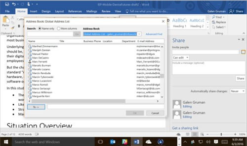 Hình 7. Cửa sổ chia sẻ (Sharing pane) ở bên phải của một tập tin mở trong Office 2016. khi cần, bấm nút mở sổ địa chỉ để tìm đồng nghiệp công ty từ danh sách Exchange Global Address List (bên trái).