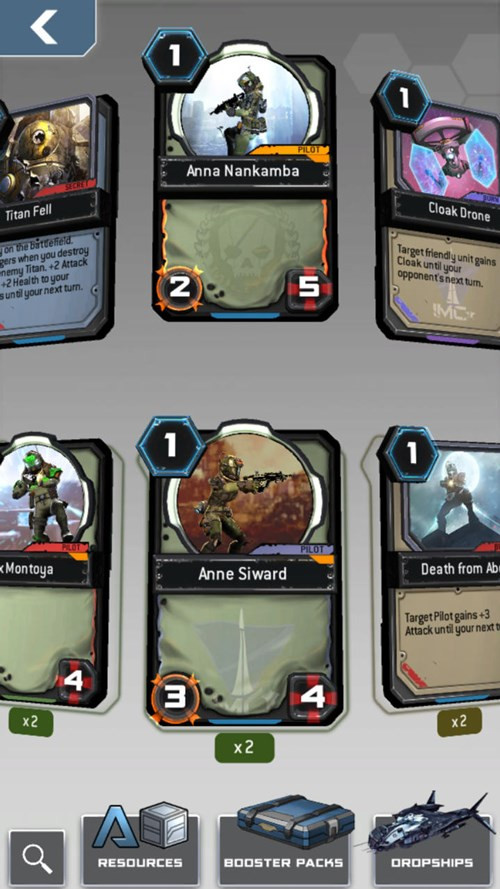 Màn hình chọn thẻ bài trong Titanfall: Frontline trên di động.