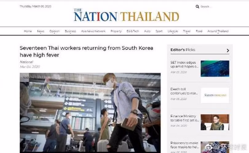 The Nation đưa tin 17 người lao động Thái Lan từ Hàn Quốc về bị sốt (Ảnh: Sina).