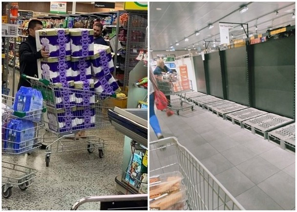 Sieu thị ở Australia hết nhẵn hàng; giấy vệ sinh cũng bị hạn chế mức mua chỉ 1-2 cuộn/người (Ảnh: Đông Phương).