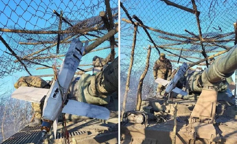 Hình ảnh cho thấy pháo tự hành và pháo thủ vẫn an toàn sau khi bị UAV tự sát Lancet tấn công (Ảnh: NetEasy).