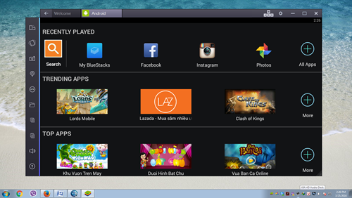 Giao diện sử dụng của BlueStacks được cài thành công trên Windows 7.
