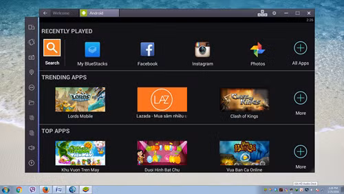 Giao diện sử dụng của BlueStacks được cài thành công trên Windows 7.