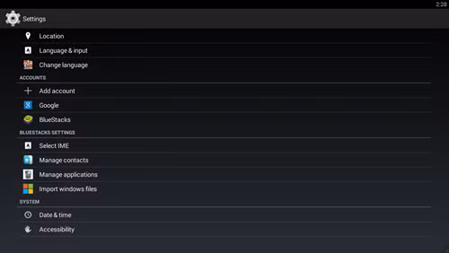 Chức năng cài đặt trên BlueStacks.