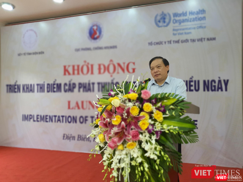 TS. Hoàng Đình Cảnh - Phó Cục trưởng Cục Phòng, chống HIV/AIDS (Bộ Y tế) - phát biểu tại sự kiện khởi động cấp phát thuốc Methadone nhiều ngày cho người bệnh điều trị nghiện các chất dạng thuốc phiện ở tỉnh Điện Biên sáng nay, 5/4.