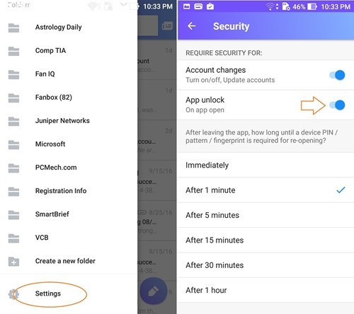 Kích hoạt tính năng bảo mật vân tay trên Yahoo Mail (Android).