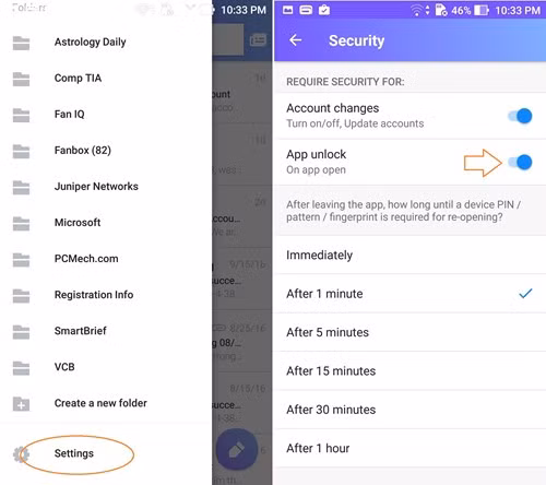 Kích hoạt tính năng bảo mật vân tay trên Yahoo Mail (Android). Kích hoạt tính năng bảo mật vân tay trên Yahoo Mail (Android).