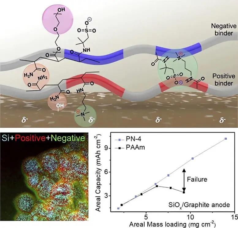 Vật liệu polymer kết dính phân lớp tích điện trên bề mặt cực dương Si. Ảnh minh họa ScitechDaily. Vật liệu polymer kết dính phân lớp tích điện trên bề mặt cực dương Si. Ảnh minh họa ScitechDaily.