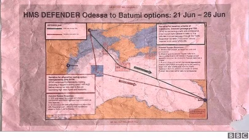 Bản đồ về kế hoạch hành trình của chiếc HMS Defender đã được lên từ trước (Ảnh: BBC).