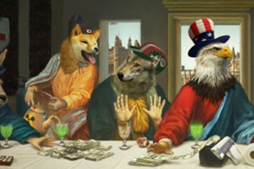 Hình tượng lãnh đạo Nhật, Italy , Mỹ (từ trái qua phải) trong tranh (Ảnh: Đa Chiều).