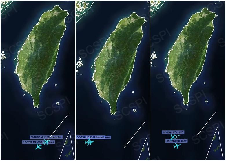 Bản đồ do Trung tâm SCSPI công bố cho thấy các máy bay Mỹ hoạt động ở bên trong Vùng nhận dạng phòng không Tây Nam Đài Loan (Ảnh: Đông Phương). Bản đồ do Trung tâm SCSPI công bố cho thấy các máy bay Mỹ hoạt động ở bên trong Vùng nhận dạng phòng không Tây Nam Đài Loan (Ảnh: Đông Phương).