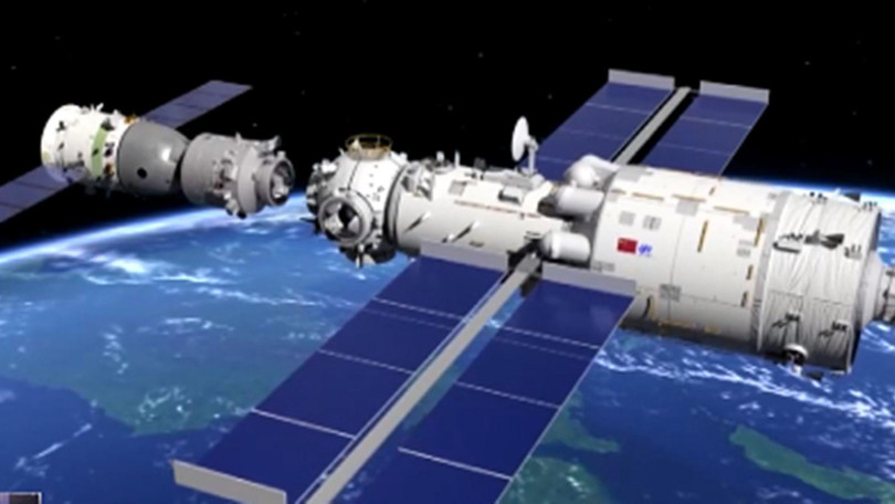 Phác đồ cảnh tàu Thần Châu-12 kết nối với mô-đun lõi Thiên Hòa của Trạm không gian Thiên Cung (Ảnh: CCTV).