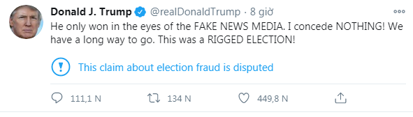 Đoạn tweet của ông Trump đã bị Twitter gắn cờ vi phạm. Đoạn tweet của ông Trump đã bị Twitter gắn cờ vi phạm.