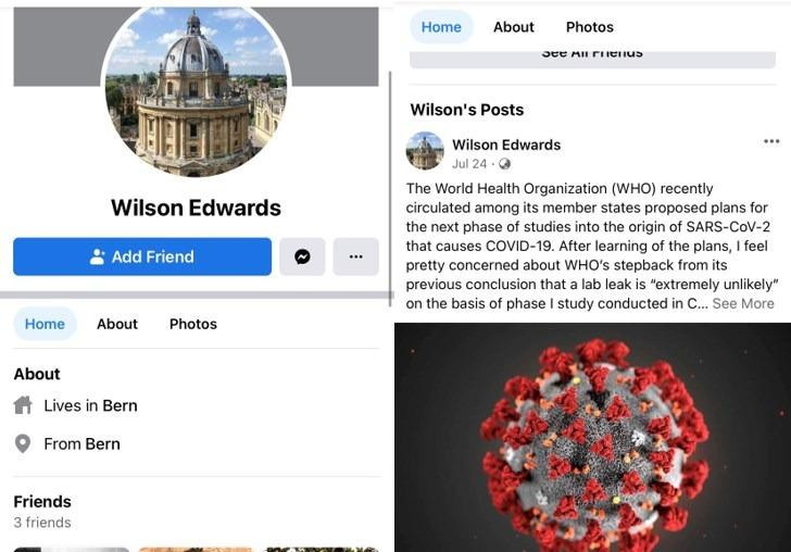 Tài khoản Facebook của "Wilson Edward" vừa được lập ra hôm 24/7 đăng duy nhất bài viết đưa thông tin sai lệch bị Thụy Sĩ bác bỏ (Ảnh: HKEP).