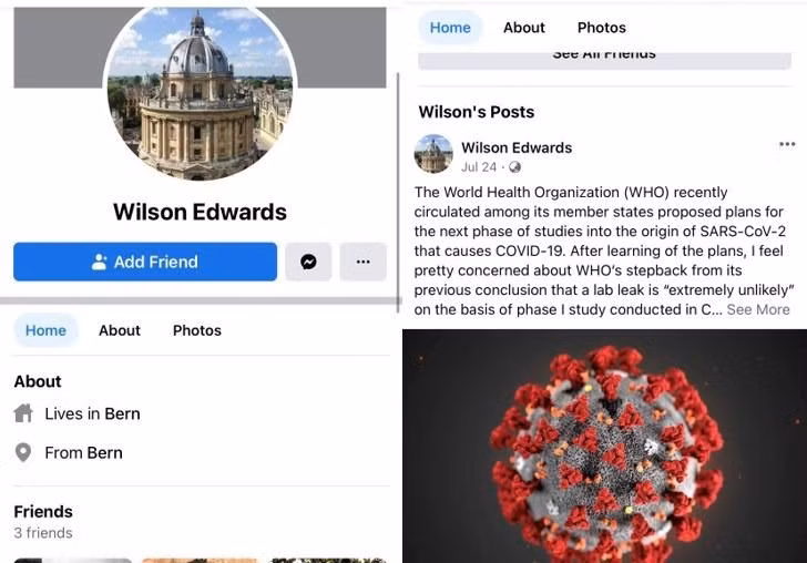 Tài khoản Facebook của "Wilson Edward" vừa được lập ra hôm 24/7 đăng duy nhất bài viết đưa thông tin sai lệch bị Thụy Sĩ bác bỏ (Ảnh: HKEP).