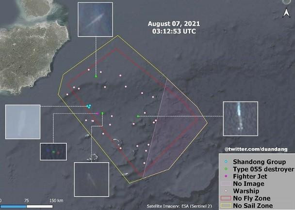 Hình ảnh vệ tinh Sentinel 2 cho thấy tàu sân bay Sơn Đông và gần 30 tàu khác trong khu vực tập trận (Ảnh: Dongfang).