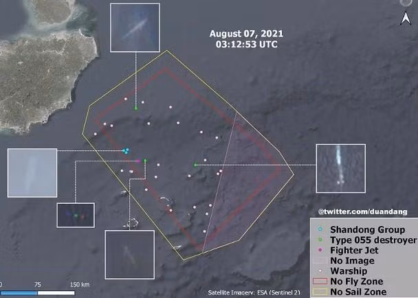 Hình ảnh vệ tinh Sentinel 2 cho thấy tàu sân bay Sơn Đông và gần 30 tàu khác trong khu vực tập trận (Ảnh: Dongfang).