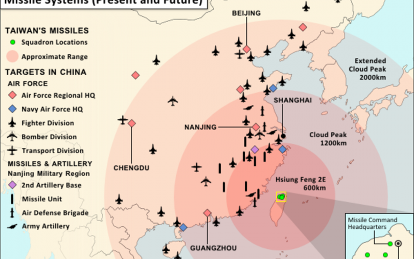Tầm bắn dự kiến của các loại tên lửa Đài Loan đã có và đang nghiên cứu (Ảnh: strategy.style). Tầm bắn dự kiến của các loại tên lửa Đài Loan đã có và đang nghiên cứu (Ảnh: strategy.style).