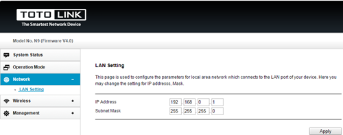 Địa chỉ IP mặc định của TOTOLINK N9 là 192.168.0.1 Địa chỉ IP mặc định của TOTOLINK N9 là 192.168.0.1