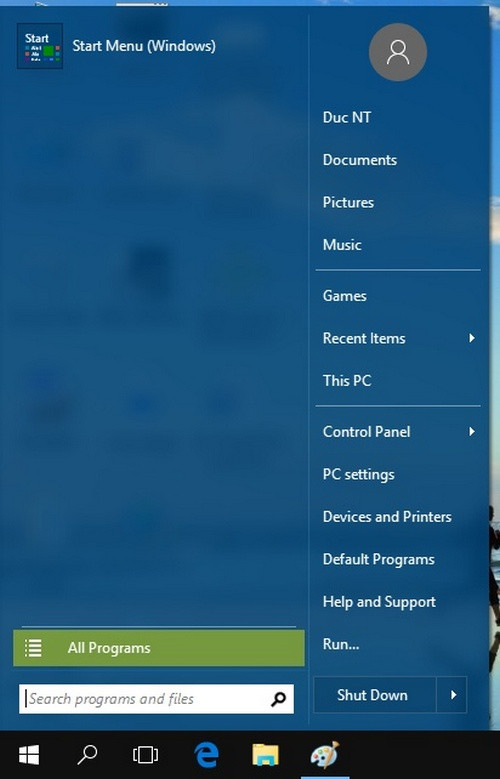Giao diện trình đơn Start sau khi thay đổi.