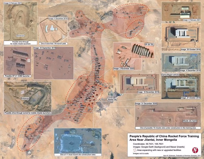 Ảnh chụp vị trí 16 giếng phóng tên lửa liên lục địa Trung Quốc đang xây dựng ở Jilantai, Nội Mông (Ảnh: zaobao).
