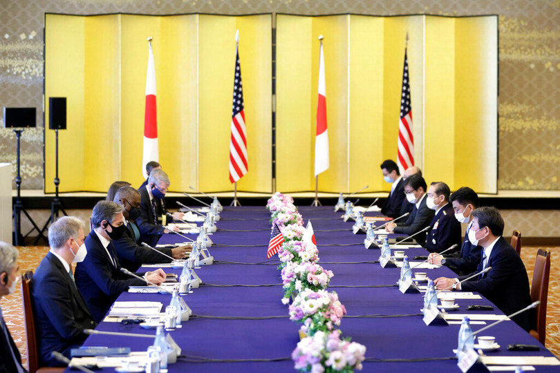 Cuộc hội đàm 2+2 giữa các Bộ trưởng Ngoại giao và Quốc phòng Mỹ, Nhật hôm 16/3 được đánh giá là có những kết quả đột phá (Ảnh: AP). Cuộc hội đàm 2+2 giữa các Bộ trưởng Ngoại giao và Quốc phòng Mỹ, Nhật hôm 16/3 được đánh giá là có những kết quả đột phá (Ảnh: AP).