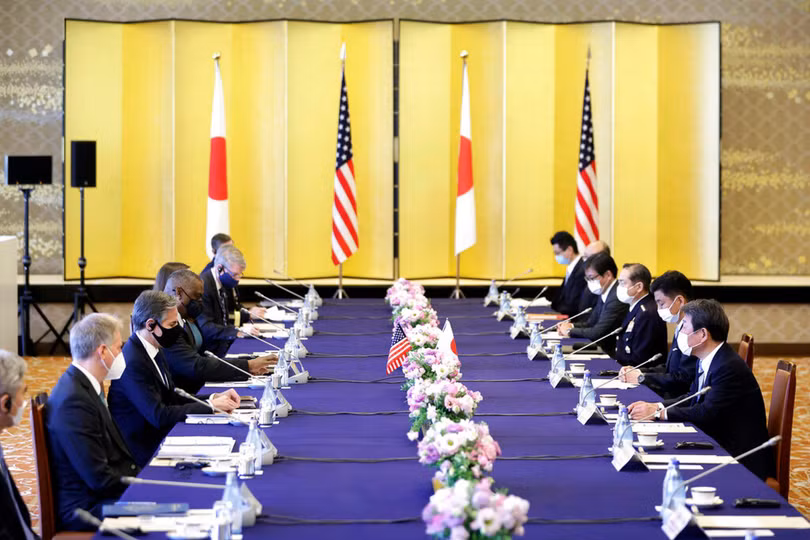 Cuộc hội đàm 2+2 giữa các Bộ trưởng Ngoại giao và Quốc phòng Mỹ, Nhật hôm 16/3 được đánh giá là có những kết quả đột phá (Ảnh: AP). Cuộc hội đàm 2+2 giữa các Bộ trưởng Ngoại giao và Quốc phòng Mỹ, Nhật hôm 16/3 được đánh giá là có những kết quả đột phá (Ảnh: AP).