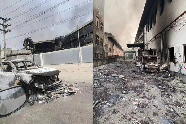 Nhà xưởng và xe hơi trong nhà máy Trung Quốc bị đốt phá (Ảnh: Guancha). Nhà xưởng và xe hơi trong nhà máy Trung Quốc bị đốt phá (Ảnh: Guancha).