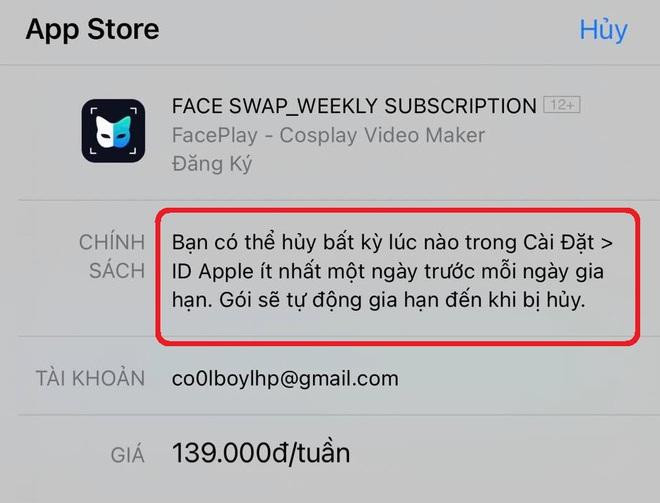 Thông báo cho thấy FacePlay sẽ tự động gia hạn khi sắp hết thời gian sử dụng, nhưng nhiều người đã không chú ý đến chi tiết này.