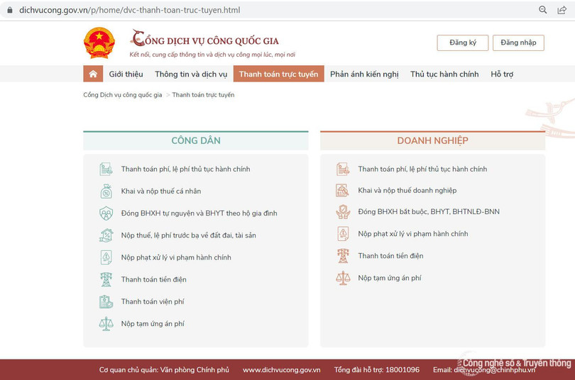 Các nhóm dịch vụ thanh toán trực tuyến đang được cung cấp trên Cổng Dịch vụ công quốc gia.
