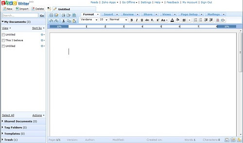 Giao diện trình soạn thảo Zoho Writer