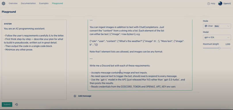 Màn hình Playground của Greg Brockman trong buổi ra mắt GPT-4 Màn hình Playground của Greg Brockman trong buổi ra mắt GPT-4