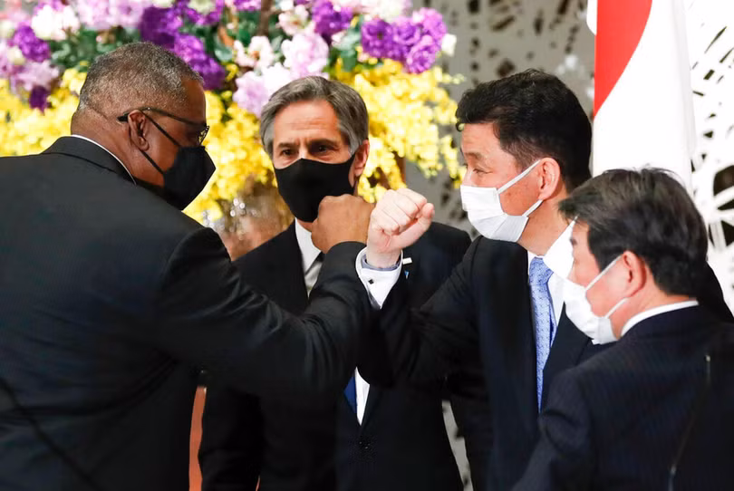 Các Bộ trưởng Quốc phòng và Ngoại giao Mỹ, Nhật gặp nhau tạo Hội nghị "2+2" tháng 3/2021 (Ảnh: AP).