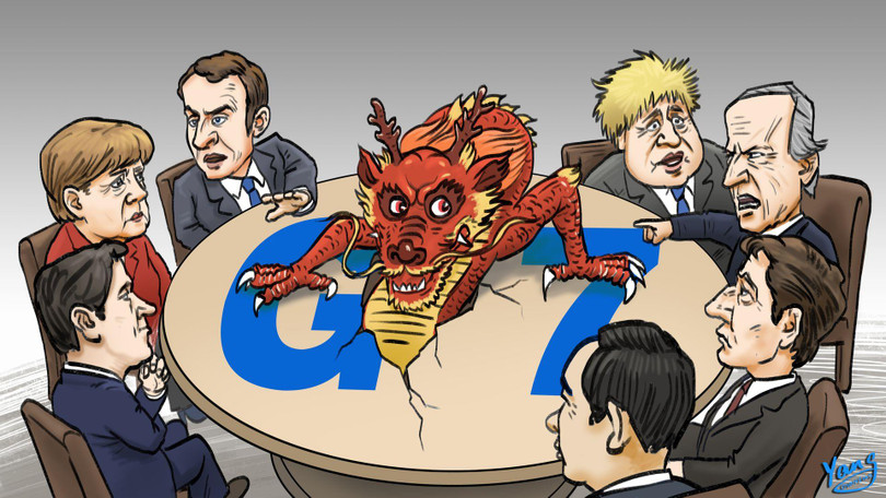 Các nhà lãnh đạo G7 nhất trí tiếp tục điều tra nguồn gốc SARS-CoV-2 đối với Trung Quốc (Tranh biếm: Dwnews).