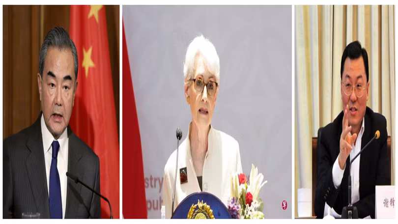 Bà Sherman hôm 26/7 đã có các cuộc gặp gỡ và hội đàm căng thẳng với các ông Vương Nghị (trái) và Tạ Phong tại Thiên Tân (Ảnh: Dwnews).