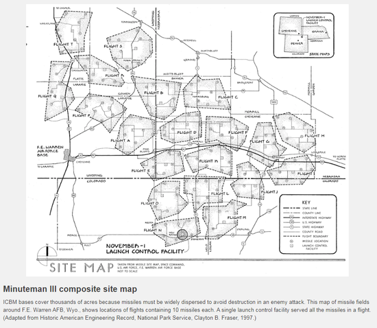 Bản đồ cho thấy Mỹ xây dựng nhiều giếng phóng cho mỗi tên lửa để nghi binh trong thời kỳ Chiến tranh Lạnh (Ảnh: TTTK). Bản đồ cho thấy Mỹ xây dựng nhiều giếng phóng cho mỗi tên lửa để nghi binh trong thời kỳ Chiến tranh Lạnh (Ảnh: TTTK).