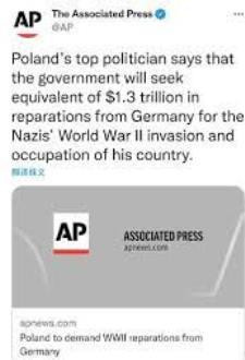 Hãng tin Mỹ AP viết về việc Ba Lan yêu cầu Đức bồi thường. Hãng tin Mỹ AP viết về việc Ba Lan yêu cầu Đức bồi thường.