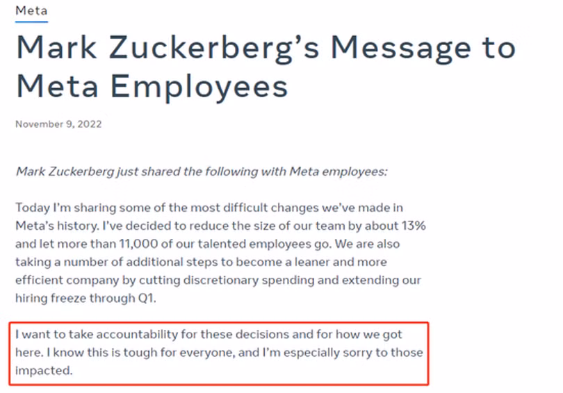 Thư của Mark Zuckerberg gửi những nhân viên bị sa thải (Ảnh: Sina).