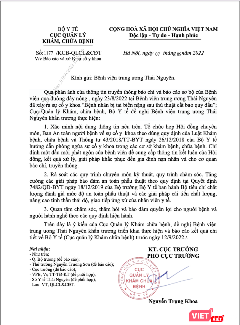Công văn của Cục Quản lý Khám, chữa bệnh yêu cầu Bệnh viện Trung ương Thái Nguyên khẩn trương làm rõ vụ việc tai biến nặng sau thủ thuật cắt bao quy đầu
