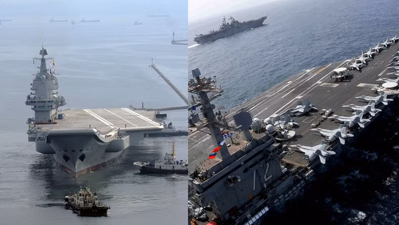Tàu Sơn Đông Trung Quốc (trái) và tàu USS Abraham Lincoln CVN-72 của Mỹ có thể sẽ đụng đầu nhau trên Biển Đông. Ảnh: Đa Chiều.