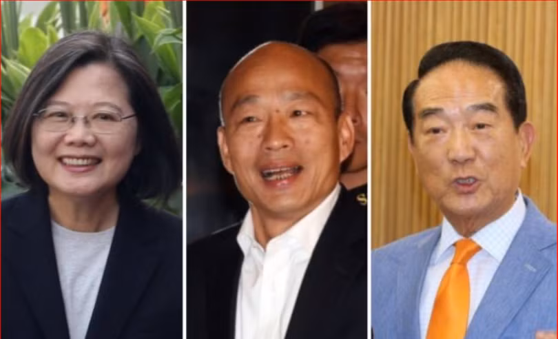 Kết quả các cuộc thăm dò cuối cùng trước khi diễn ra cuộc bầu cử ngày 11/1/2020 cho thấy bà Thái Anh Văn (trái) đang bỏ xa hai đối thủ Hàn Quốc Du (giữa) và Tống Sở Du (phải). (Ảnh:Thế giới Nhật báo)