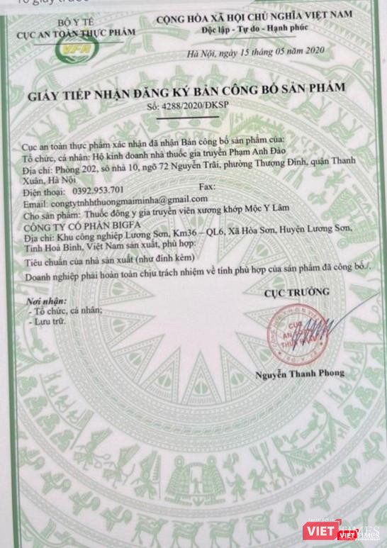 Giấy tiếp nhận đăng ký bản công bố sản phẩm cho sản phẩm viên xương khớp Mộc Y Lâm là giả mạo