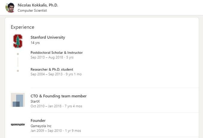 Trang LinkedIn của Tiến sĩ Nicolas Kokkalis. Trang LinkedIn của Tiến sĩ Nicolas Kokkalis.