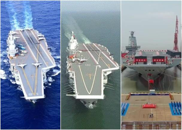 Ba tàu sân bay của Trung Quốc (từ trái qua): Liêu Ninh, Sơn Đông, Phúc Kiến.