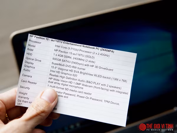 HPPavilion 15 - au118TU trang bị bộ xử lý Intel Core i3-7100U, RAM4GB, ổ cứng 500GB hỗ trợ công nghệ HP3DDrive Guard và cũng có thiết kế màn hình 15,6 inch.