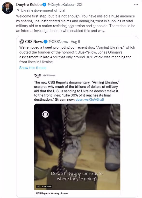 Ngoại trưởng Dmitry Kuleba viết tweet chỉ trích CBS và yêu cầu điều tra việc sản xuất bộ phim "Arming Ukraine”.