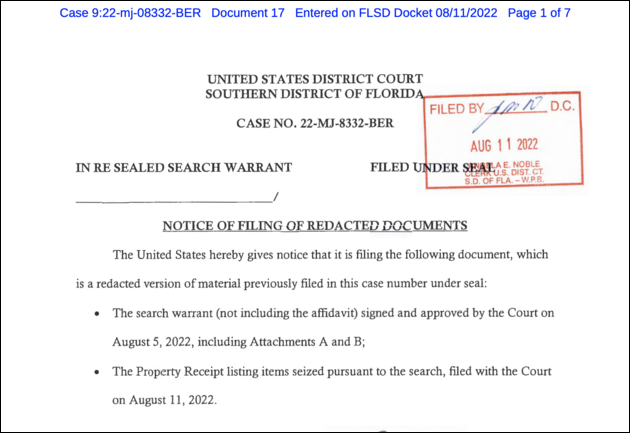 Phần đầu Lệnh của tòa án cho phép khám xét dinh thự của ông Trump được Bộ Tư pháp Mỹ công bố.